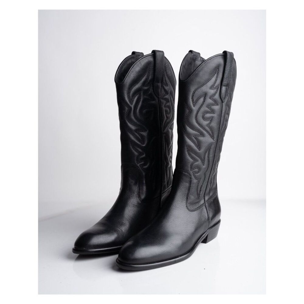 Massimo Dutti Womens Leather Western Boots Cowboy Black US 6.5 EU 37 NWD